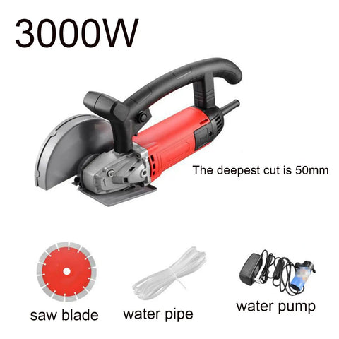 Straight Up Tough 3000W Stone Cutting Saw And Wall Groove Cutter Pro 220V Angle Grinder with saw blade, water pump, and pipe.
