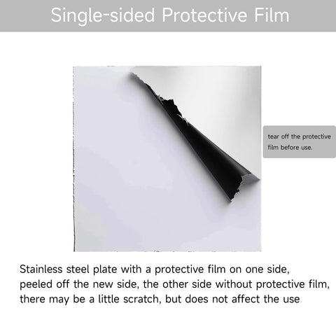 304 stainless steel sheet front view, 12x12x1/8 in, with single-sided protective film peeled at corner.