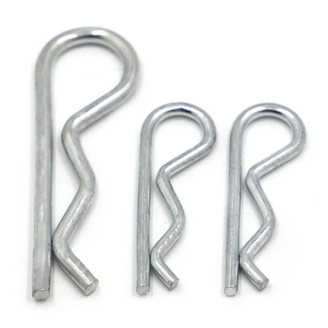 10 Sizes R Shaped Spring Cotter Pins Kit For M1 Through M5 Built To Last Heavy Duty Carbon Steel Zinc Plated Hairpin Fasteners For Securing Clevis And Pivot Pins Fully Reusable And Durable; three zinc plated pins