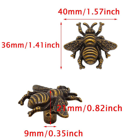 Bee Cabinet Knob Set Solid Four Pack Bumble Bee Insect Drawer Pulls Zinc Alloy Bronze Finish Single Hole Handles with dimensions.