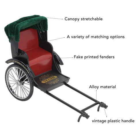 Vintage Red Zinc Alloy Rickshaw Model Toy With Sick Hand Painted Details And A Clean Finish showing a detailed black rickshaw with red seat.