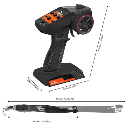 Black 4CH RC transmitter for 1/10 scale cars with dimensions, part of Waterproof S3650 4300KV Brushless Motor With 3.175mm Shaft 60A ESC.
