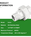 Five Pack 304 Stainless Steel Union Fittings One Quarter Inch NPT Male To One Quarter Inch NPT Female Cast Pipe Connectors Product Information