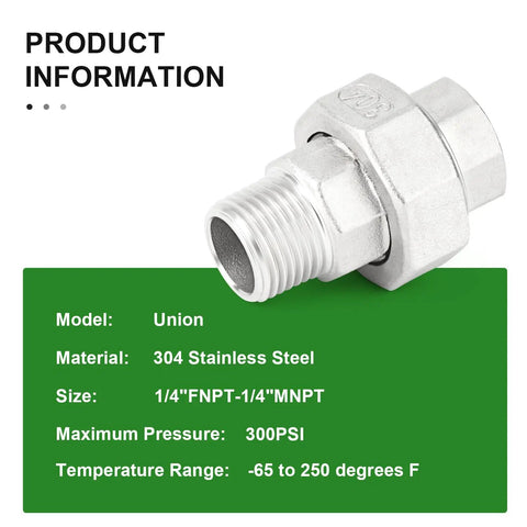 Five Pack 304 Stainless Steel Union Fittings One Quarter Inch NPT Male To One Quarter Inch NPT Female Cast Pipe Connectors Product Information