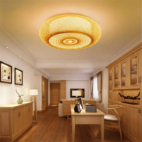 Vintage Drum Shape Bamboo Ceiling Light Flush Mount Handwoven Weave Handmade Farmhouse Style Lighting in living room