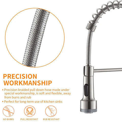 Close-up of braided hose featuring LED Light Kitchen Faucet With Pull Down Sprayer Dope Style Sus304 Stainless Steel Industrial Single Handle Brushed Nickel Finish For Farmhouse Campers RVs Laundry Utility And Wet Bar Sinks.