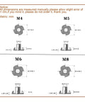 Technical drawing of four claw T-nuts in sizes M4, M5, M6, M8 for Four Claw T Nut Set For Woodworking M10 X 13 Zinc Plated Blind Pronged Insert Tee Furniture Hardware Fits Speaker Cabinets 20 Pieces Heavy Duty No Rotating Fix