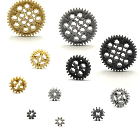 Technical Gears Axle Pin Connectors And Rack Gear Set With Rubble Wheels For Creative MOC Cars And STEM Builds, showing various gear sizes