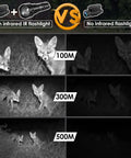 Comparison of night vision at 100m, 300m, and 500m using Beast Mode 850nm Infrared Illuminator Flashlight With Fresnel Lens Zoomable Focus.