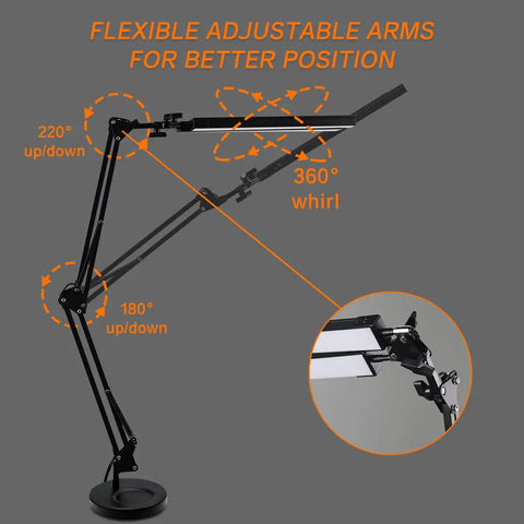 LED Desk Lamp with Clamp Adjustable Swing Arm Dual Head Light for Office and Home 3 Color Modes and 10 Level Dimming Eye Care