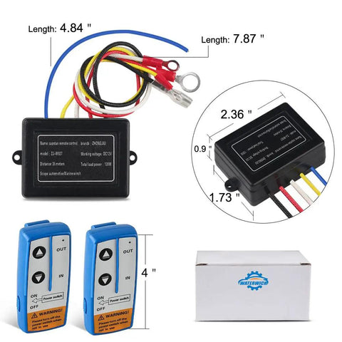 2 Piece Wireless Winch Remote Control Kit 12V Heavy Duty Recovery Switch Universal components and packaging displayed.