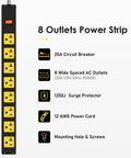 Diagram showing Rugged 20 Amp Metal Power Strip Surge Protector with 8 Outlets and features like 1200J protection and 12 AWG cord.