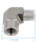 Angled side view of 304 stainless steel forged 90-degree street elbow, 1/4 NPT female to 1/4 NPT male