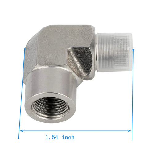 Angled side view of 304 stainless steel forged 90-degree street elbow, 1/4 NPT female to 1/4 NPT male