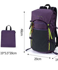 Ultralight 22L Waterproof Foldable Backpack For Hiking And Camping expandable 2 to 4L hydration compatible, purple with straps