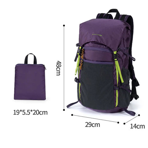 Ultralight 22L Waterproof Foldable Backpack For Hiking And Camping expandable 2 to 4L hydration compatible, purple with straps