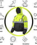 Reflective Hi Vis Bomber Jacket for Men with hood, waterproof, multiple pockets, black bottom, surrounded by construction tool icons.