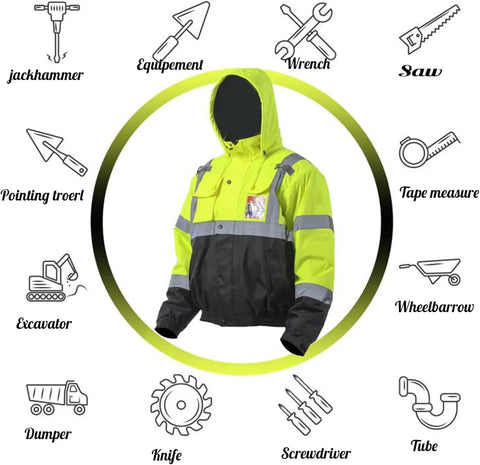 Hi Vis Waterproof Reflective Bomber Jacket For Men With Pockets And Zipper Detachable Hood Black Bottom Contrast surrounded by construction tools icons