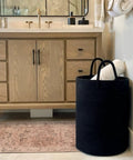 Tall Black Woven Rope Laundry Basket, Modern Hamper For Clothes, Blankets, Towels And More, 15 X 20 Inch (58L) Bin, bathroom corner