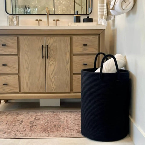 Tall Black Woven Rope Laundry Basket, Modern Hamper For Clothes, Blankets, Towels And More, 15 X 20 Inch (58L) Bin, bathroom corner
