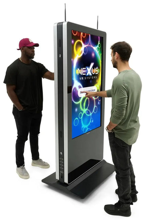 Two men interacting with a Dual Side Interactive Touch Screen Kiosk, packed with Android 14 signage features, in a retail setting.