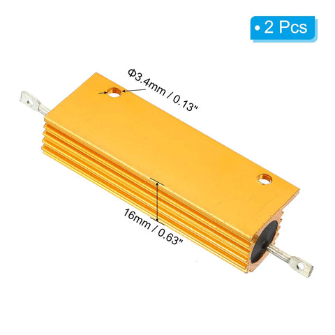 Two Pack 100W 100 Ohm Aluminum Shell Wirewound Power Resistors with golden aluminum housing and mounting screws visible