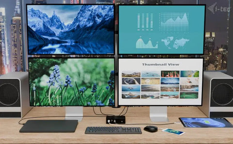 Game Changer Thunderbolt 5 Laptop Docking Station With Dual Hdmi 2.0 Ports And Quad Monitor Setup For Windows Workstations shows four displays with various images and data, keyboard, and external drive.