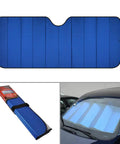 Premium car sunshade for UV protection, blue thermal blocker size suitable for trucks, vans, SUVs in use.