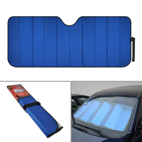 Premium car sunshade for UV protection, blue thermal blocker size suitable for trucks, vans, SUVs in use.