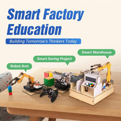 Three In One ESP32 IoT Control Smart Factory Starter Kit For DIY Education Teens 12 Plus Compatible With Arduino Scratch Online Tutorials Includes Hands On Smart Robotic Arm Project Smart Production Line And Smart Warehouse Modules, wooden STEM kit on table
