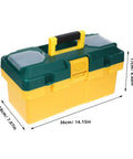 Heavy Duty Portable Plastic Toolbox With Secure Locking Latch And Multi Compartment Storage, green and yellow, 36cm length.