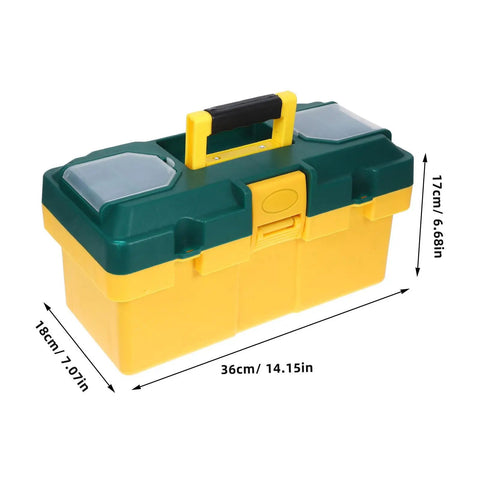 Heavy Duty Portable Plastic Toolbox With Secure Locking Latch And Multi Compartment Storage, green and yellow, 36cm length.