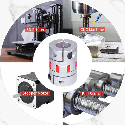 Aluminum Jaw Shaft Coupling 55mm Diameter, 78mm Length, 20 to 25mm Bore, Flexible Spider Coupler for Stepper Motors CNC Engraving Milling, Built For 3D Printers and DIY Encoder Upgrades, High Hardness Anodized Finish, Durable, shown with 3D printer and CNC use