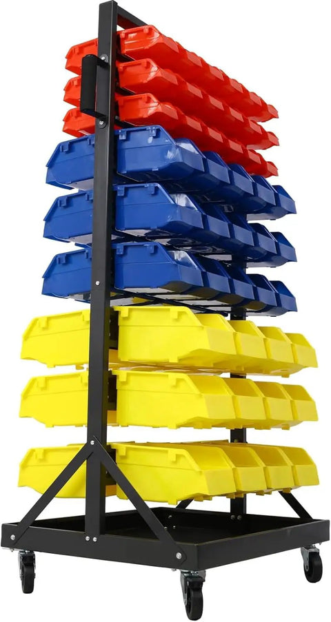 Side view of Heavy Duty Rolling Steel Storage Rack With Wheels, 90 Bin Organizer with colorful bins, 9-tier dual-sided garage shelf.