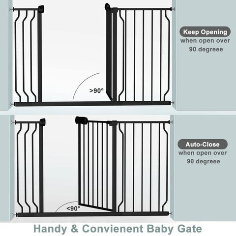 Extra Wide Baby Gate For Stairs And Openings, showing pressure mount with auto-close feature, black metal safety gate for big pets.