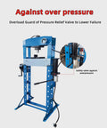 Straight Up Heavy Duty 30 Ton H Frame Shop Press Featuring Pneumatic Hydraulic Pump And Completely Welded Steel Build crafted for safe operation with overload guard.