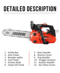 Gas Chainsaw With 12 Inch Guide Bar For Wood Cutting And Tree Felling Wide Power 2 Stroke Gas Powered Handheld Saw with part labels