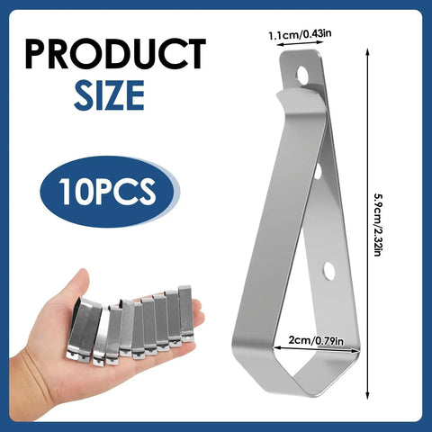 Hand holding Stainless Steel Garage Door Opener Clip For Visor 10 Pack, Durable Remote Visor Clips Bulk Set with product dimensions.