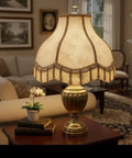Transitional Scallop Bell Shade For Lamps In Ivory Jacquard Fabric With Brass Spider Fitter, elegant home decor on table lamp