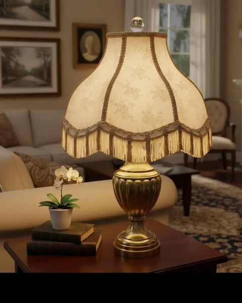 Transitional Scallop Bell Shade For Lamps In Ivory Jacquard Fabric With Brass Spider Fitter, elegant home decor on table lamp