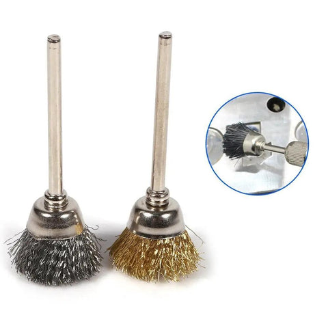 Two wire brushes from the 36 Piece Brass And Steel Wire Brush Polishing Wheel Kit For Rotary Tools Pro Grade Rust Removal Burr Removal