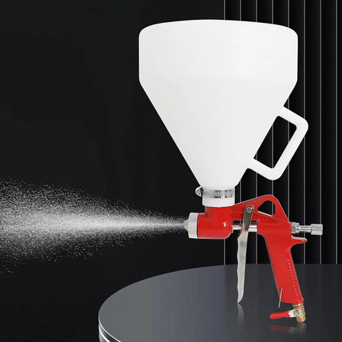 Heavy Duty Drywall Texture Sprayer Kit Featuring 1.5 Gallon Air Hopper And Badass Spray Gun, red spray gun with white hopper.