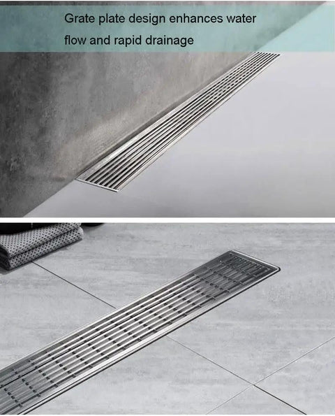 24 Inch Offset Side Outlet Linear Shower Drain In Slick Brushed Stainless Steel Rectangle Design with grate cover seen on tiled floor.
