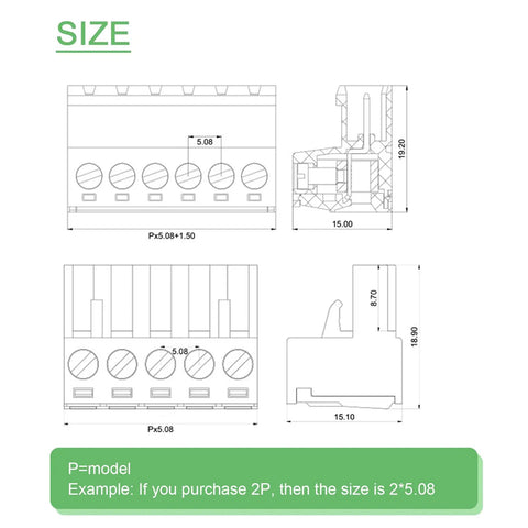 Five Pair Four Pin 5.08mm Pitch Screw Terminal Block Connector Kit Pluggable With Phoenix Plug For 12 To 28 AWG Wire, size diagram