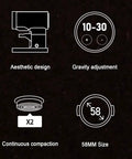 Illustration showing features of Automatic 58mm Electric Coffee Tamper With Height Adjustable Stand and Rock Solid Precision Press.