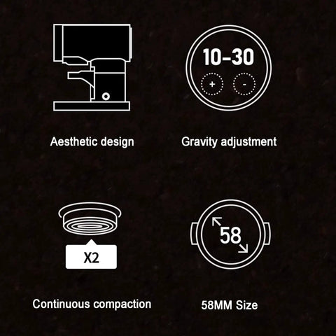 Illustration showing features of Automatic 58mm Electric Coffee Tamper With Height Adjustable Stand and Rock Solid Precision Press.