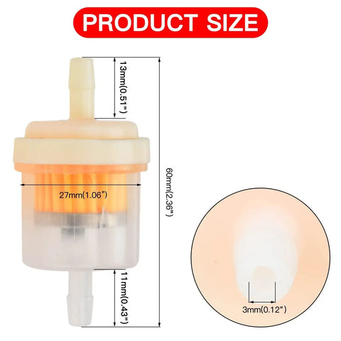 Product size details of filter for Dirt Bike Gas Line With Filter For GY6 50cc 70cc 90cc 110cc 125cc 150cc Engines
