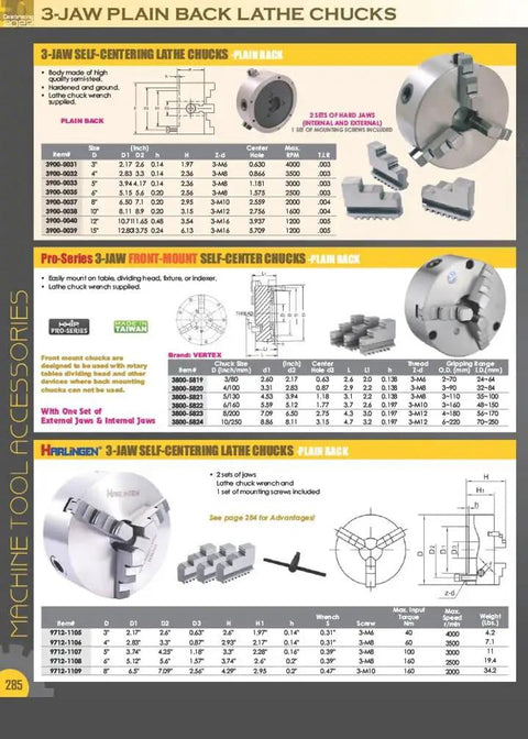 Catalog page showing various 3-jaw plain back lathe chucks with dimensions and features listed.