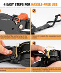 Heavy Duty Self Retracting Tie Down Straps 4 Pack No Drama Auto Retract System With Tangle Free Webbing 1 Inch By 10 Feet showing step-by-step use guide.