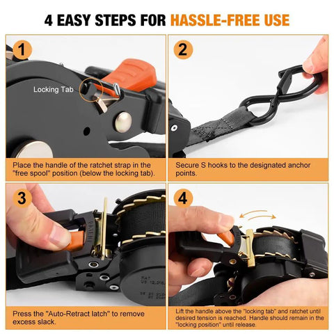 Heavy Duty Self Retracting Tie Down Straps 4 Pack No Drama Auto Retract System With Tangle Free Webbing 1 Inch By 10 Feet showing step-by-step use guide.